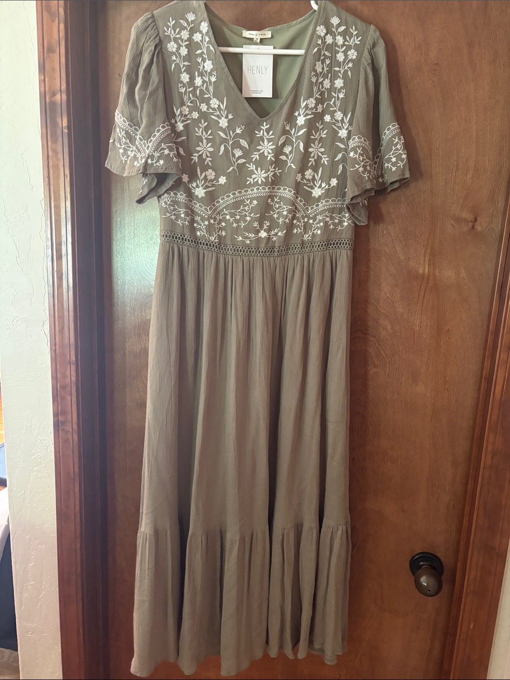 HENLY Olive Green Embroidered Maxi Dress